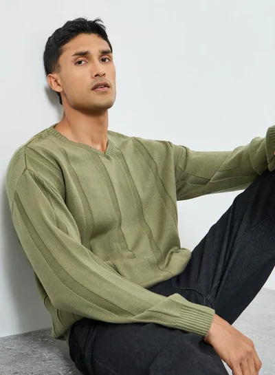 Styli Men Green Ribbed Knitted Sweater